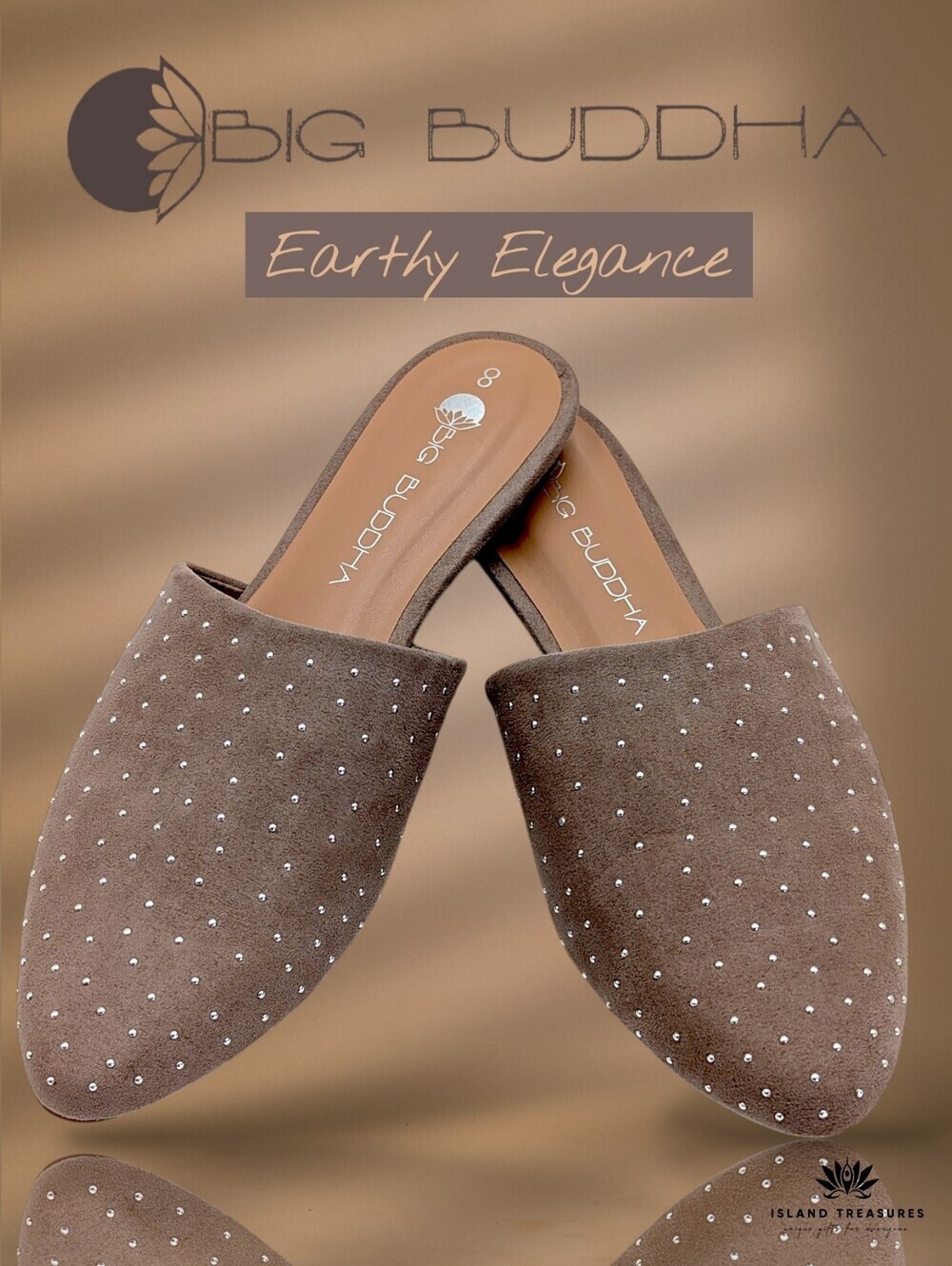 Big Buddha Size 8 Soft Taube/Mushroom Soft Faux Leather Silver Micro-Stud Flats